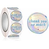 1 Inch Thank You So Much Stickers, 500Pcs Round Holographic Rainbow Silver Thank You Gift Stickers Roll for for Business, Packaging Bags, Envelope Seals