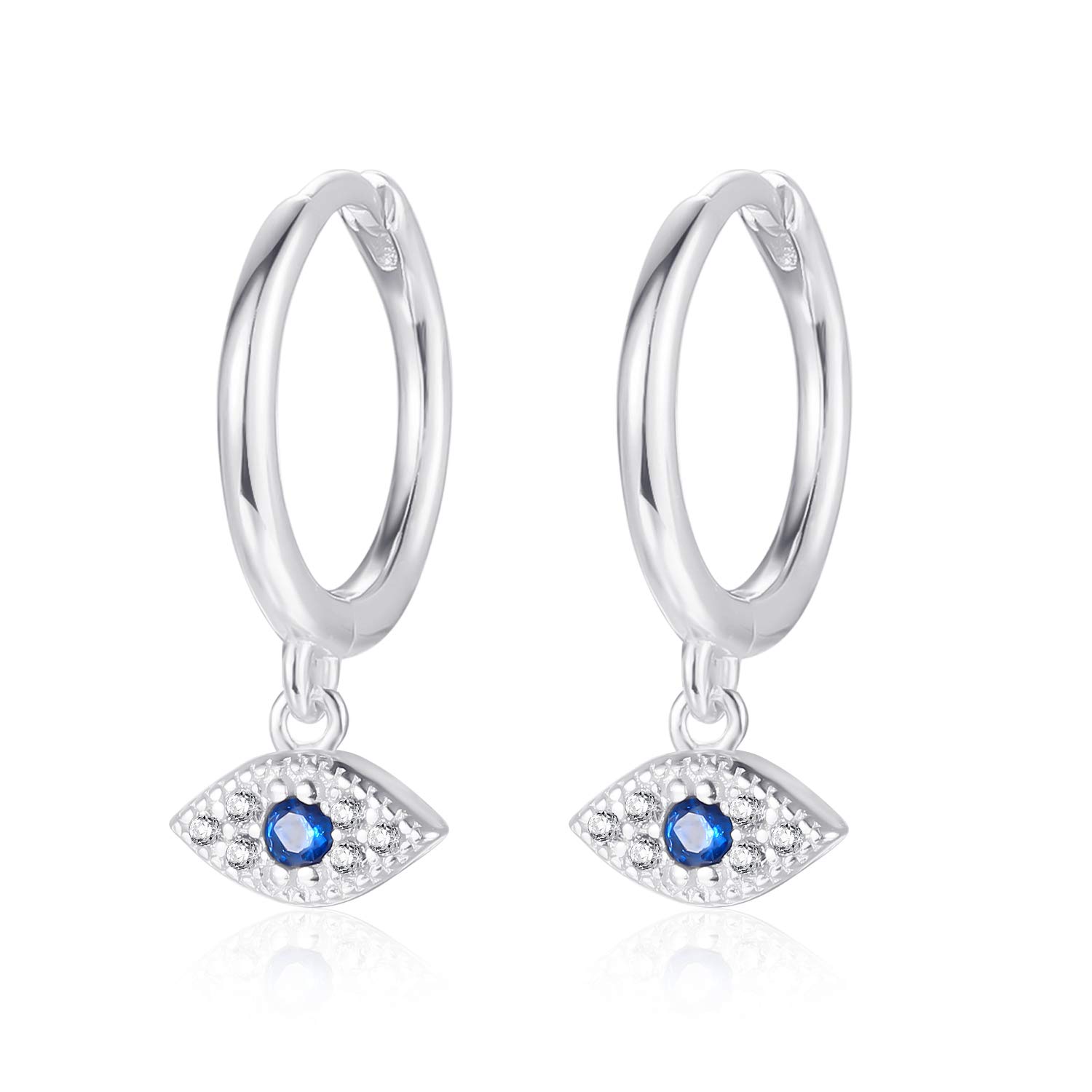Small 9mm Cubic Zirconia Evil Eye Charm Dangle 925 Sterling Silver Hoop Earrings Cartilage Helix Huggie Hinged Hoops Earrings
