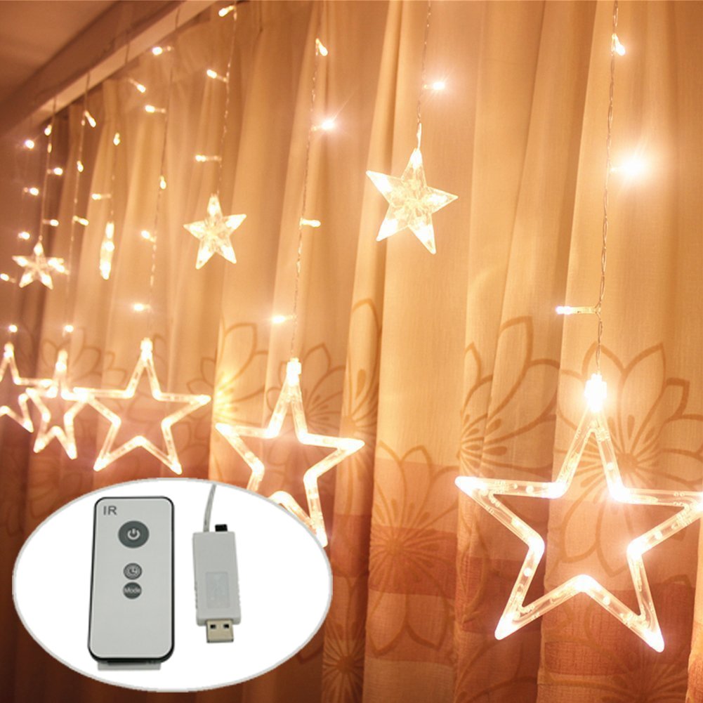 USB DC5V étoile Lumière Rideau de Noël LED , avec Télécommande 8 Mode Noël Guirlande Lumineuse Rideau Lumineux de Noël décoration lampe lumière blanc chaud
