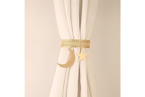 Curtain Holdback, No Drill Curtain Tieback with Star and Moon Charm, Gold Metal Decor for Window Treatment