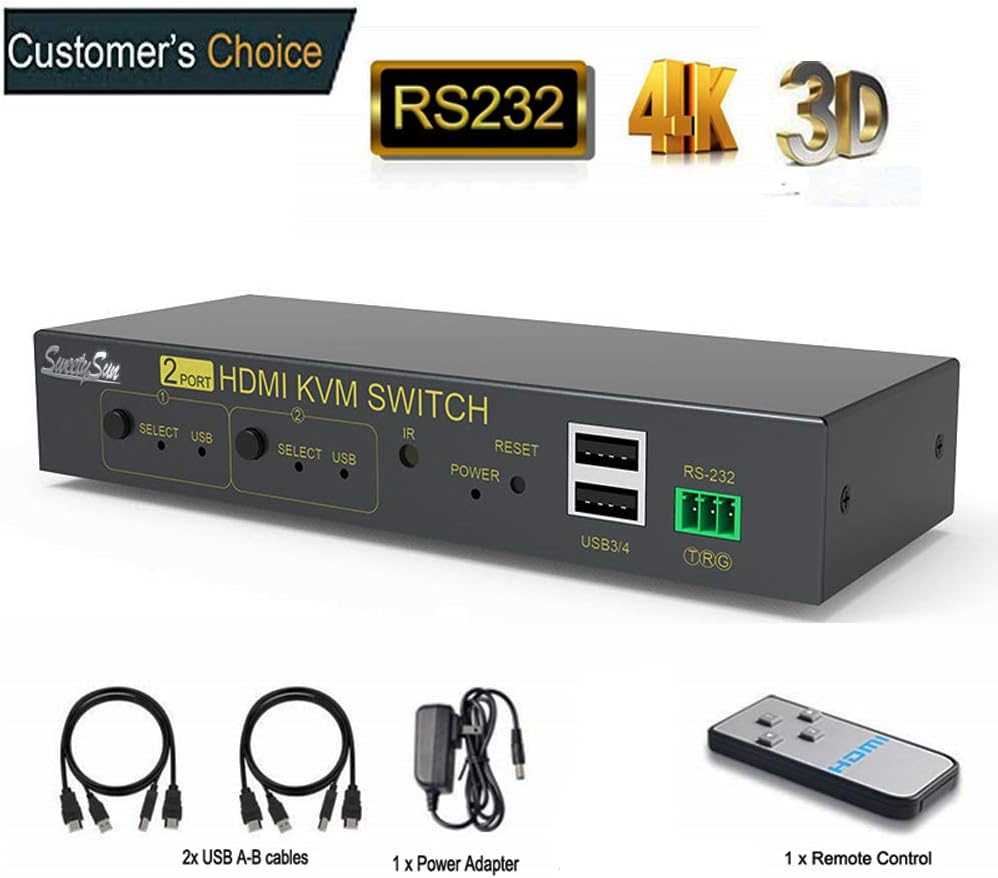 Kvm Switch 2 Port HDMI,Ultra HD 4k@30Hz with USB and HDMI Cables,Supports Auto-Match,EDID,Hot-key Switch,Compatible with System Win Vista,Win 7,Win 8.1,Win 10,Mac Os X or Greater,Linux,Unix and Others