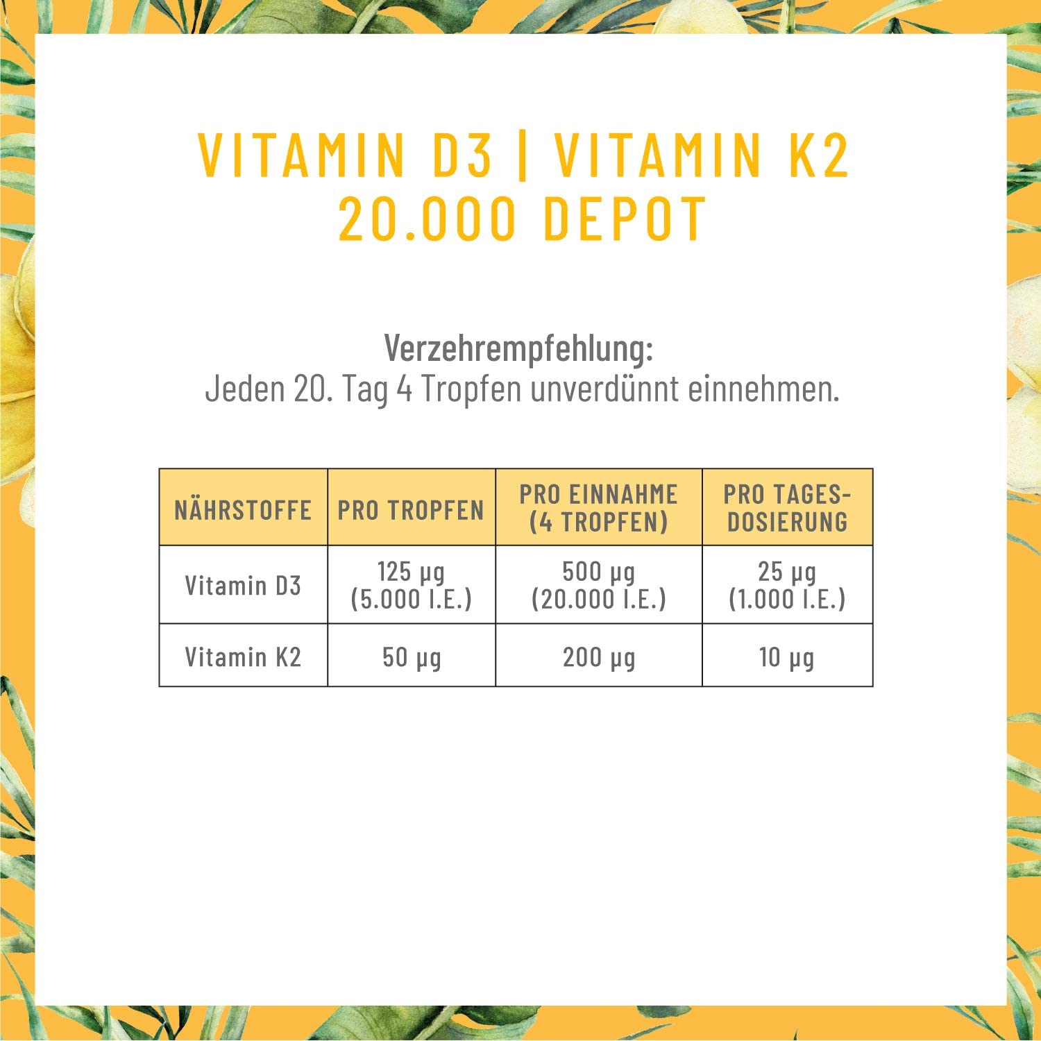 NATURTREU® Vitamin D3 K2 Tropfen hochdosiert & vegan - 20.000 I.E Vitamin D3 + K2 MK7 200 mcg pro Dosis (Depot) 6