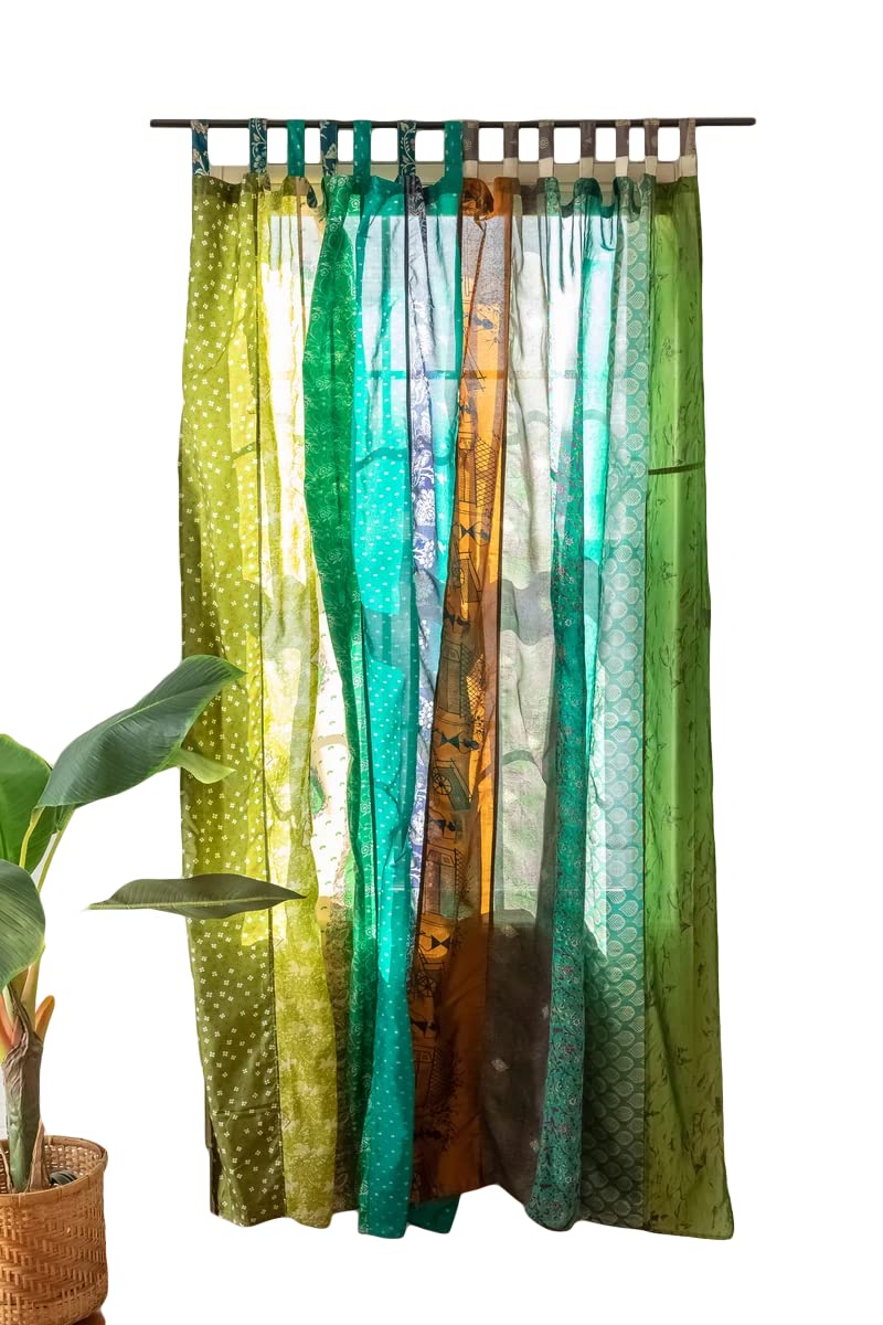 RAJBHOOMI HANDICRAFTS Home Decorative Silk Sari Curtains - Unique Patchwork Design - Light Filtering Window Panels for Living Room and Bedroom - 84 inch Length, (Green Color)