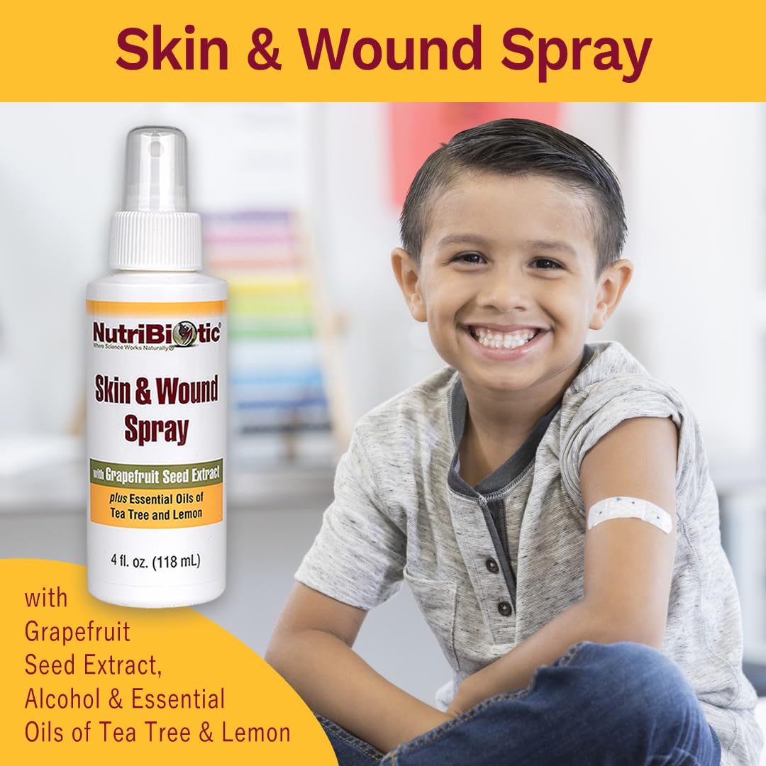 NutriBiotic Skin & Wound Spray with GSE, 4 Fl Oz | Grapefruit Seed Extract Plus Tea Tree & Lemon Essential Oils | Helps Support Healthy Skin Tissue & Flush Irritants from Minor Wounds | Non-Medicated