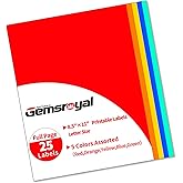 Gemsroyal Colored Full Sheet Shipping Labels Printable,8.5"×11" Full Page,5 Colors Assorted(Red,Orange,Yellow,Blue,Green),Color Neon Label Sticker Paper for Printer,Coloful Large Stickers Labels 