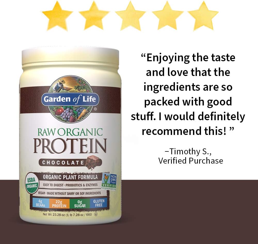 Garden of Life Raw Organic Protein Chocolate Powder, 20 Servings, Certified Vegan, Gluten Free, Organic, Non GMO, Plant Based Sugar Free Protein Shake With Probiotics & Enzymes, 4g BCAAs, 22g Protein: Health & Personal Care