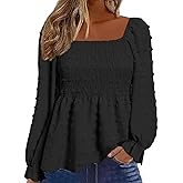 Flamingals Women's Long Sleeve Peplum Blouse Square Neck Cute Elegant Ruffle Smocked Babydoll Shirts