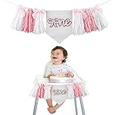 1st Birthday Bowknot High Chair Banner with Hat Tassel Decoration for Girls' First Birthday Celebration (Pink & White)