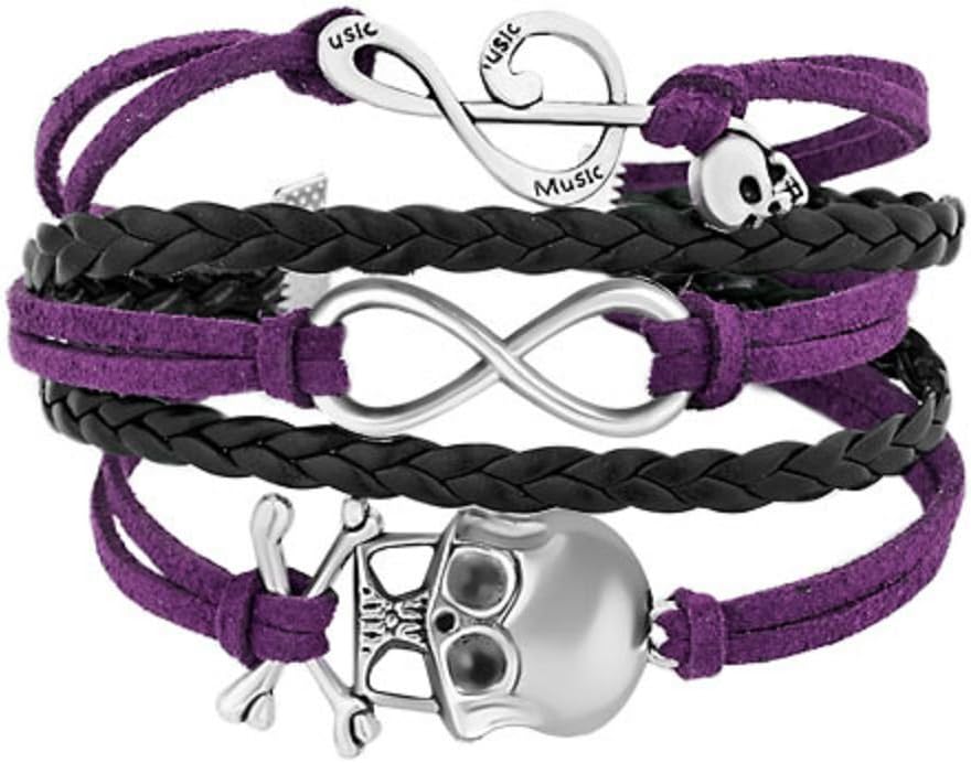 Uniqueen Braided Leather Wrap Bracelet Sideways Infinity Skull Music Note Womens Girls Wristband Bracelets