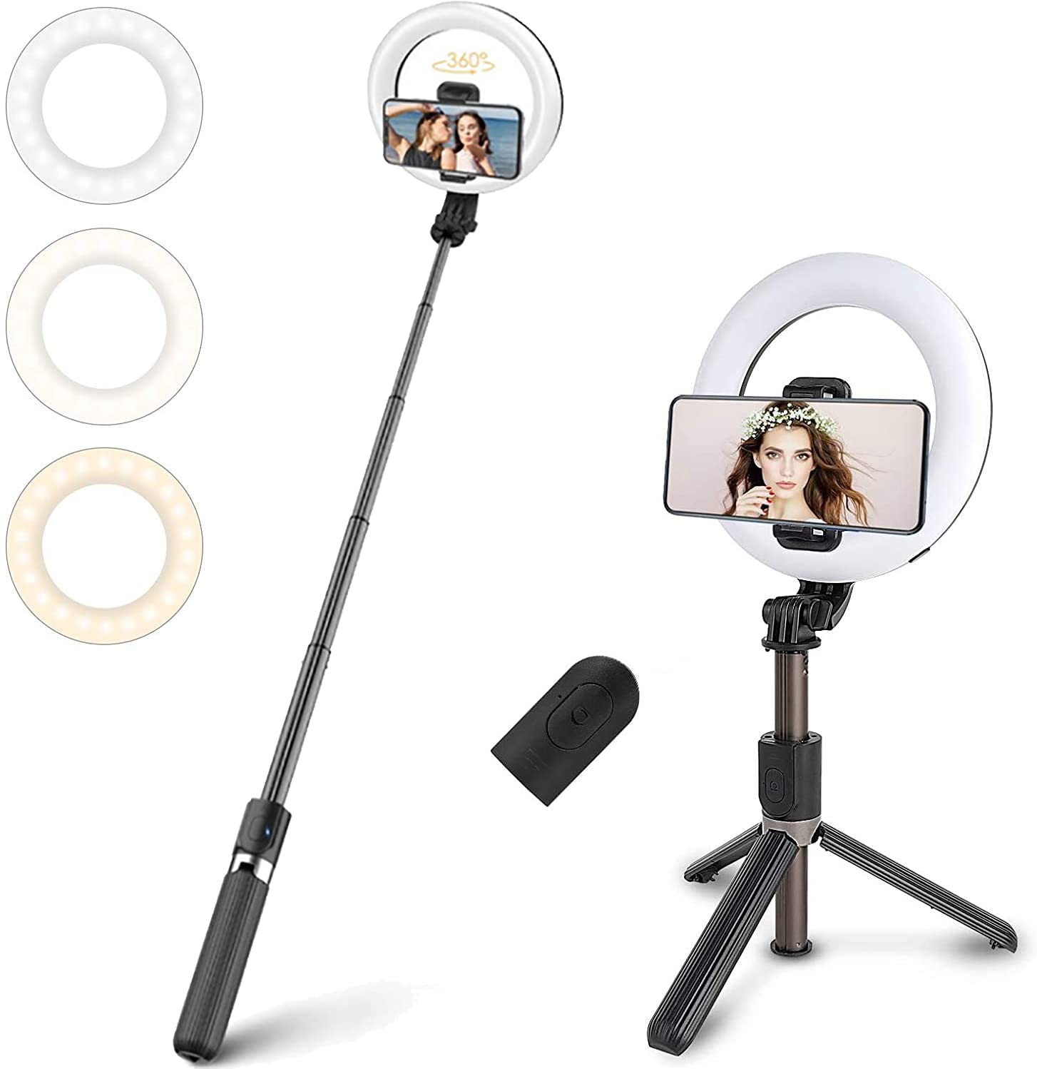 Selfie Stick with 6.3" Ring Light, 3 in 1 Selfie Stick Tripod with Phone Holder LED Fill Light Bluetooth Remote Control, Dimmable 3 Colors for YouTube TikTok Videos Live Stream Make-ups