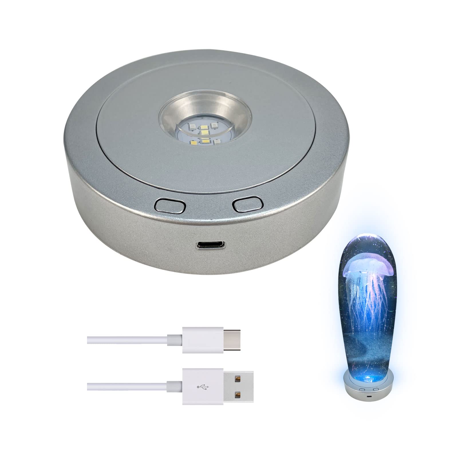 CDIYTOOL Round Rotatable LED Light Base, 8 Light Modes Display Stand, Multicolored Round Display Base for Crystal Statues Glass Ball (Silver)