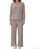 SUEER 2PCS Womens Striped Loungewear Set Long Sleeve Tee Shirts Drawstring Wide Leg Pants Matching Lounge Outfit