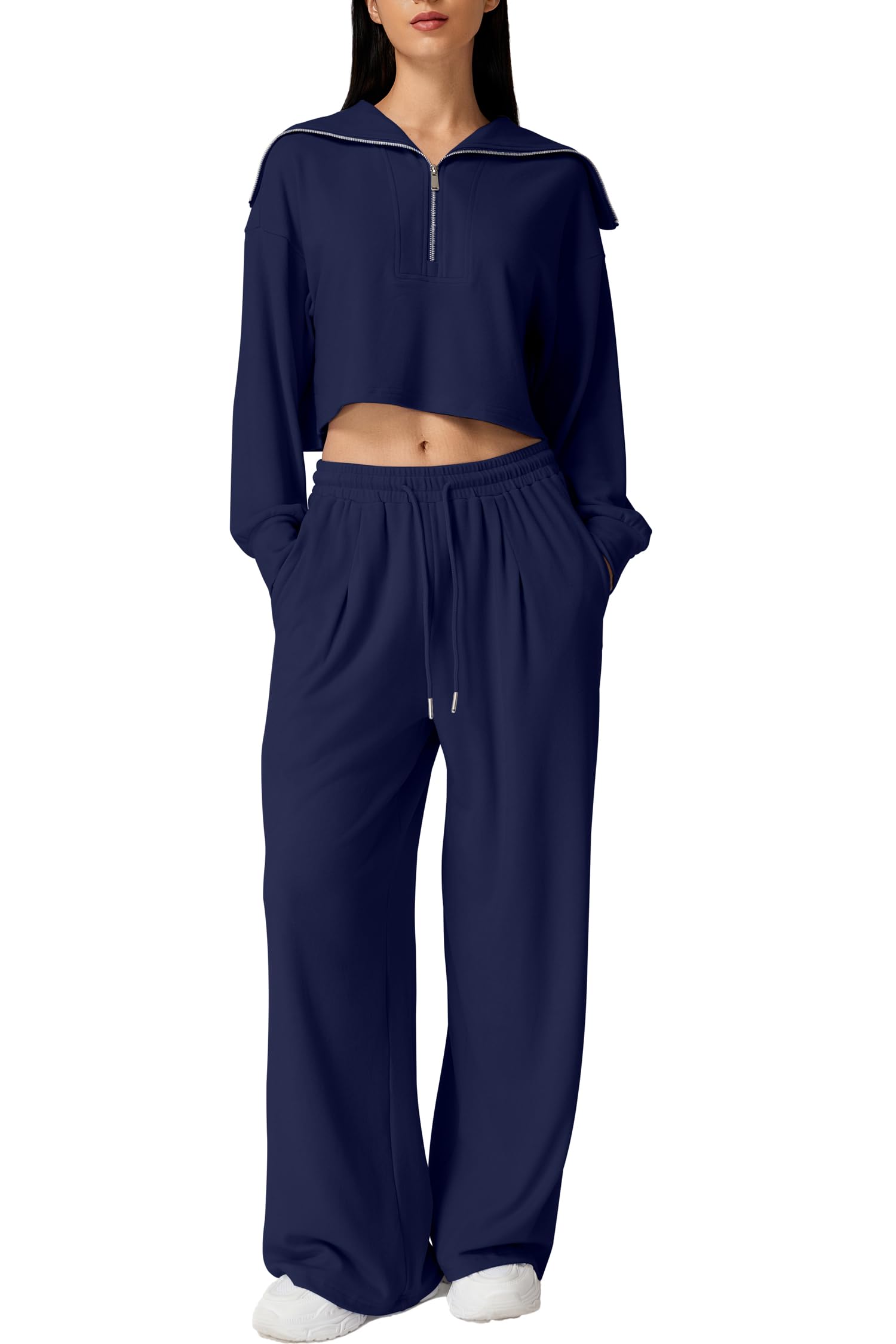 Photo 1 of **Stock Pic for Reference** QINSEN Cozy Half Zip Long Sleeve Pullover Sweatshirt Wide Leg Full Length Sweatpants 2 Piece Lounge Set Navy Blue XL