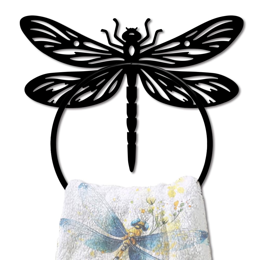 MAYJOYDIY Dragonfly Metal Towel Ring Antique Insects Hand Towel Holder Round Dragonfly Wings Towel Hangers Black Bathroom Towel Rack Wall Mounted for Kitchen Bath Home Laundry Room Decors Gifts