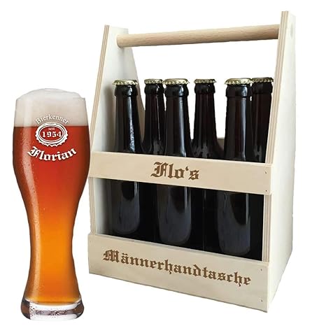 Flaschenträger + Weizenbierglas (Leonardo) im Set - mit kostenloser Gravur (B3) - EIN besonderes Geburtstagsgeschenk | Männer