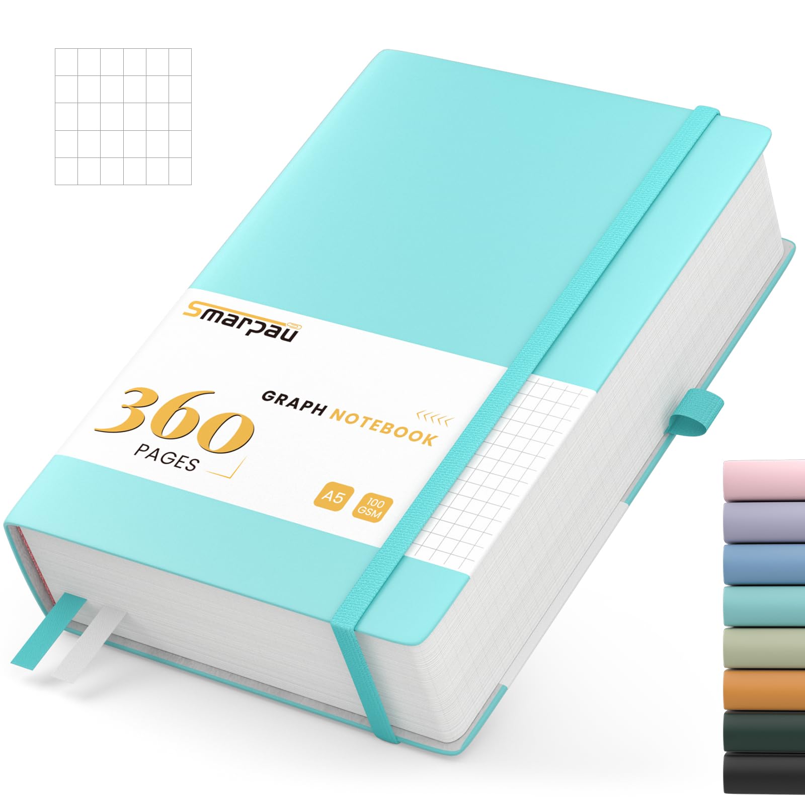 Smarpau Graph Paper A5 Notebook - 360 Pages Grid Notebook for Writing, 100GSM Thick Squared Paper Journal Notebooks for Office School Work Women Men, 14.5 x 21cm, Lake Blue