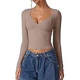 QINSEN Women's Long Sleeve V Neck T Shirts Double Lined Crop Top Seamed Cup Going Out Tops