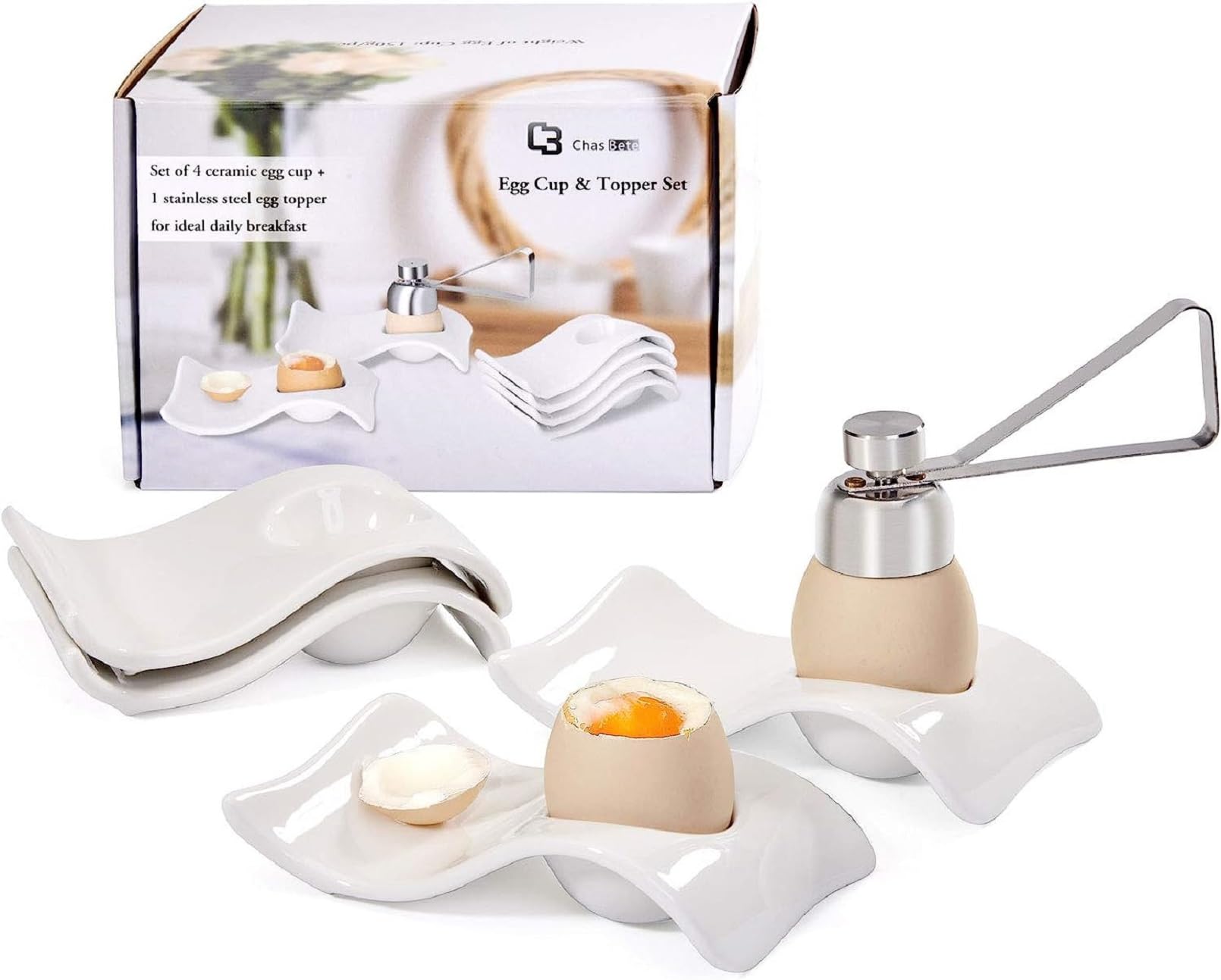ChasBete Egg Cups Set of 4, Ceramic Egg Holder+ Boiled Egg Cutter, White Egg Cup Decor for Breakfast and Brunch — image 1