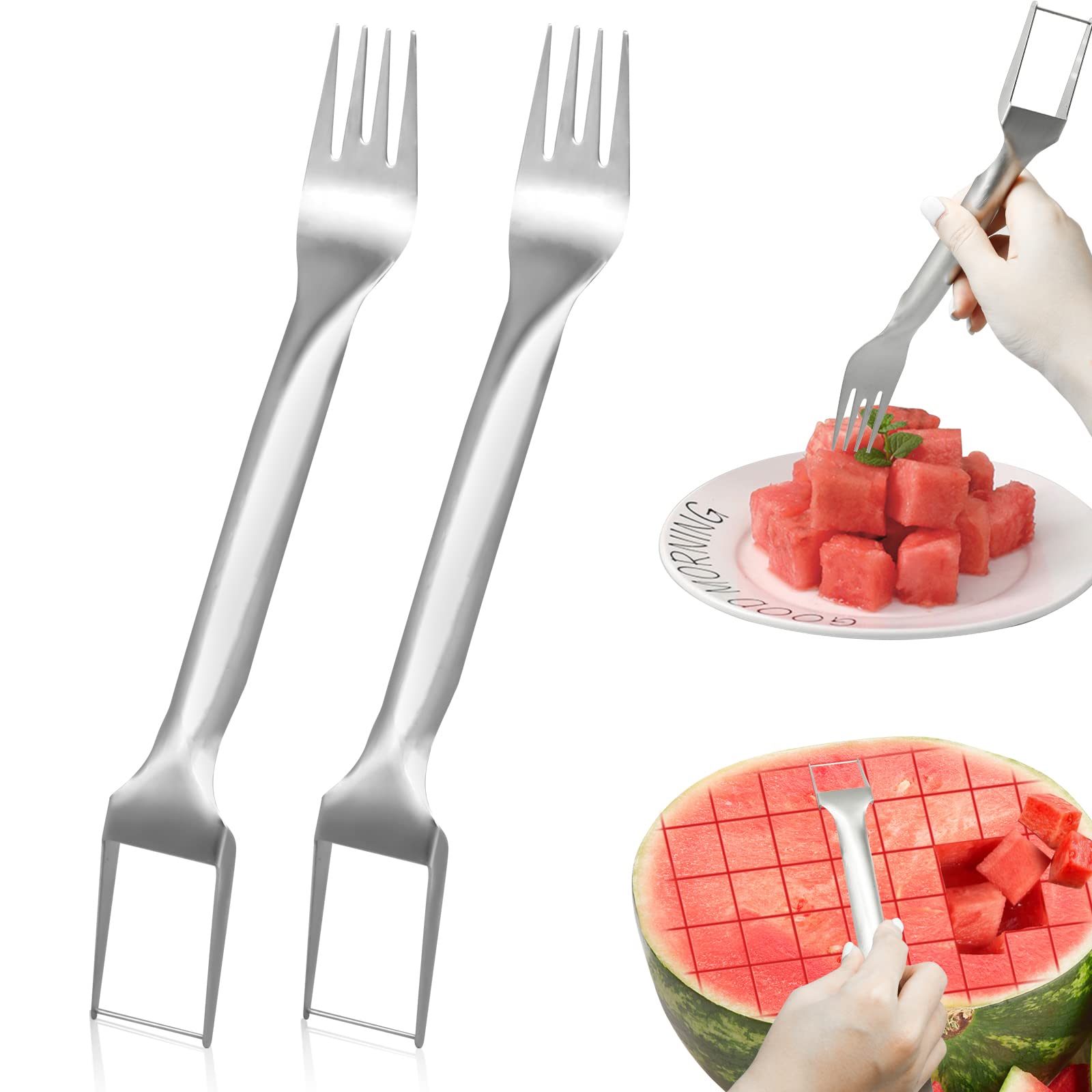Photo 1 of 2Pcs Watermelon Fork Slicer Cutter, Stainless Steel 2-in-1 Watermelon Fork Slicer, Portable Watermelon Fork Watermelon Cutter Slicer Tool Fruit Forks Slicer for Home Party Camping Kitchen Gadget