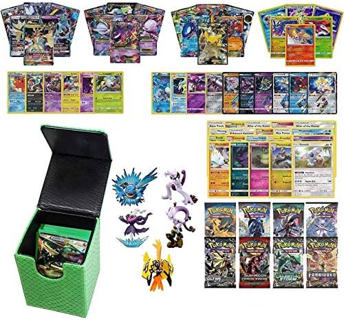 Playoly Pokemon Premium Collection 100 Cards with GX Mega EX Shining Holo 10 Rares 4 Booster Pack -Green Dragonhide Deck Box and Figure