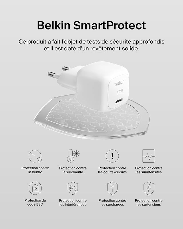 BoostCharge Chargeur Secteur 30W, Compact et Portable, USB-C Power Delivery, pour Tous modèles de l' Apple iPhone 17, Air, 16, 15, Samsung Galaxy, iPad, AirPods, Pixel, tablettes, etc. - Blanc