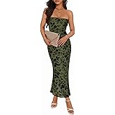 MEROKEETY Women's 2026 Summer Floral Strapless Dress Bodycon Tube Slit Mesh Wedding Guest Cocktail Party Maxi Dresses