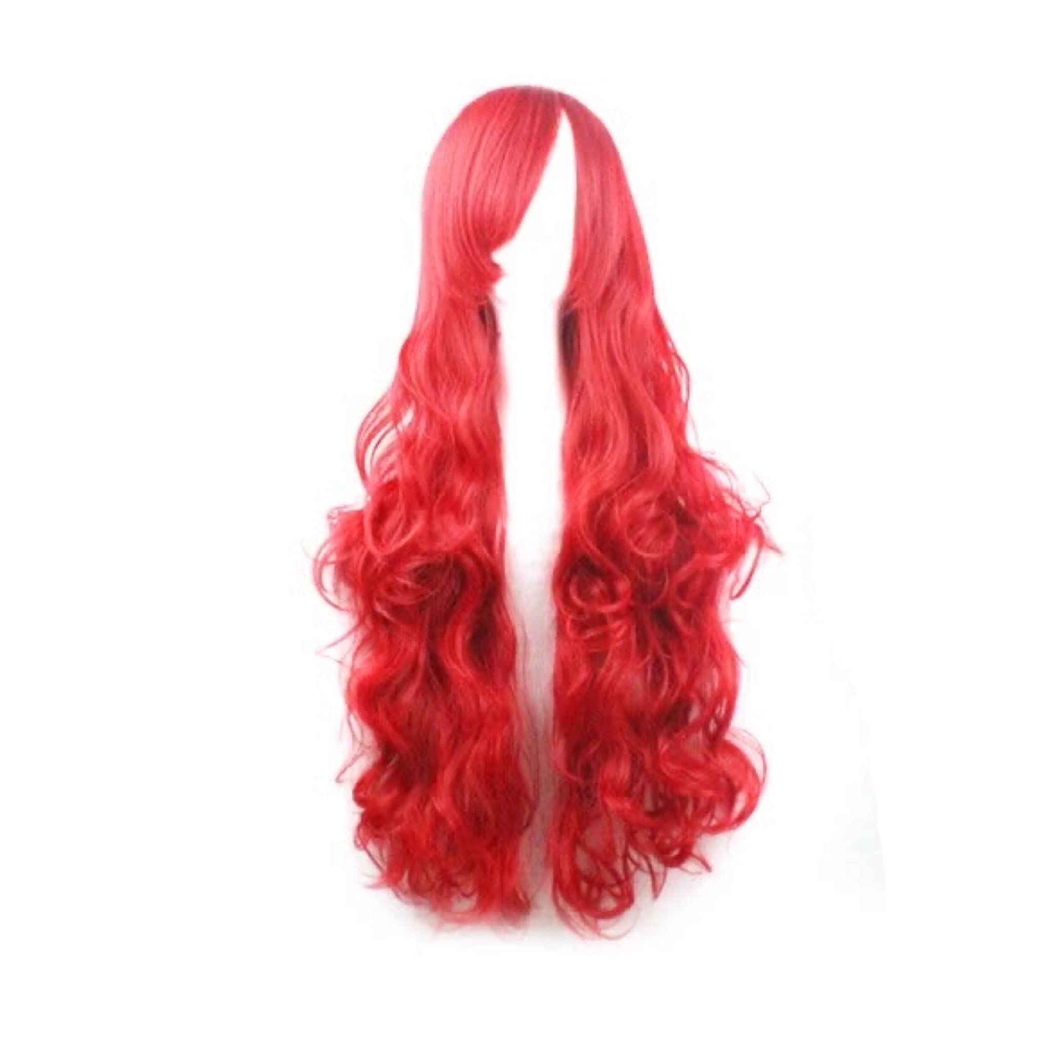 eBoutik – Long Curly End Red Evil Devil Wig for Women – Bright Cherry Red Fancy Dress Hairpiece – Halloween Cosplay & Anime Costume Accessory – Spooky Synthetic Wig for Adult Role Play