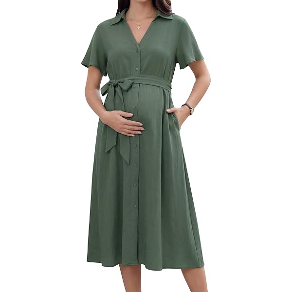 FUNJULY Women's Casual Ruffle Maternity Dress Nursing V Neck 3/4 Sleeve  High Waisted Pleated A Line Party Midi Dress Army Greenll M at Amazon  Women's Clothing store