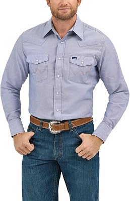 Herren Westernhemd mit Langen Ärmeln, Druckknopfverschluss, Gewaschene Oberfläche - Blau - 44 cm Hals 94 cm Ärmel