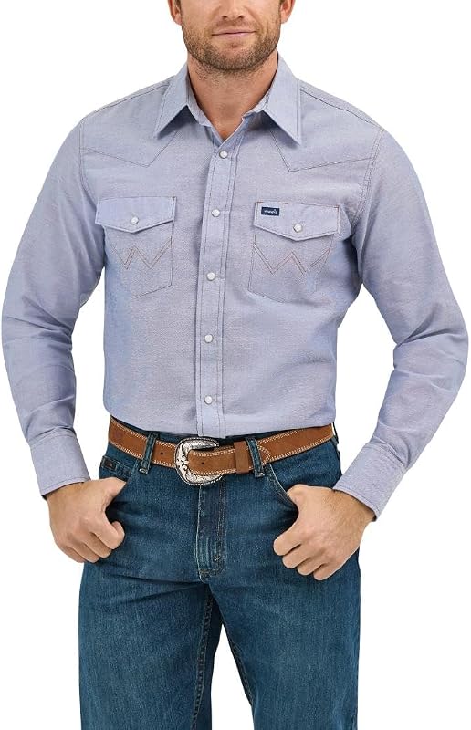 Herren Westernhemd mit Langen Ärmeln, Druckknopfverschluss, Gewaschene Oberfläche - Blau - 44 cm Hals 94 cm Ärmel