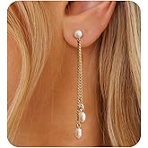 Dangle Pearl Drop Flower Earrings For Women 14K Gold Dainty Long Dangling Statement CZ Trendy Wedding Prom Brides Jewelry