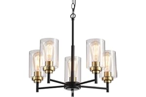 9MMML 5 Lights Glass Chandelier,Modern Kitchen Island Lighting Black and Gold Metal Dining Room Light Fixture for Living Room Foyer,E26