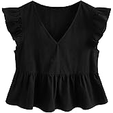 OYOANGLE Women's V Neck Ruffle Cap Sleeve Blouse Cute Flared Hem Babydoll Peplum Tops