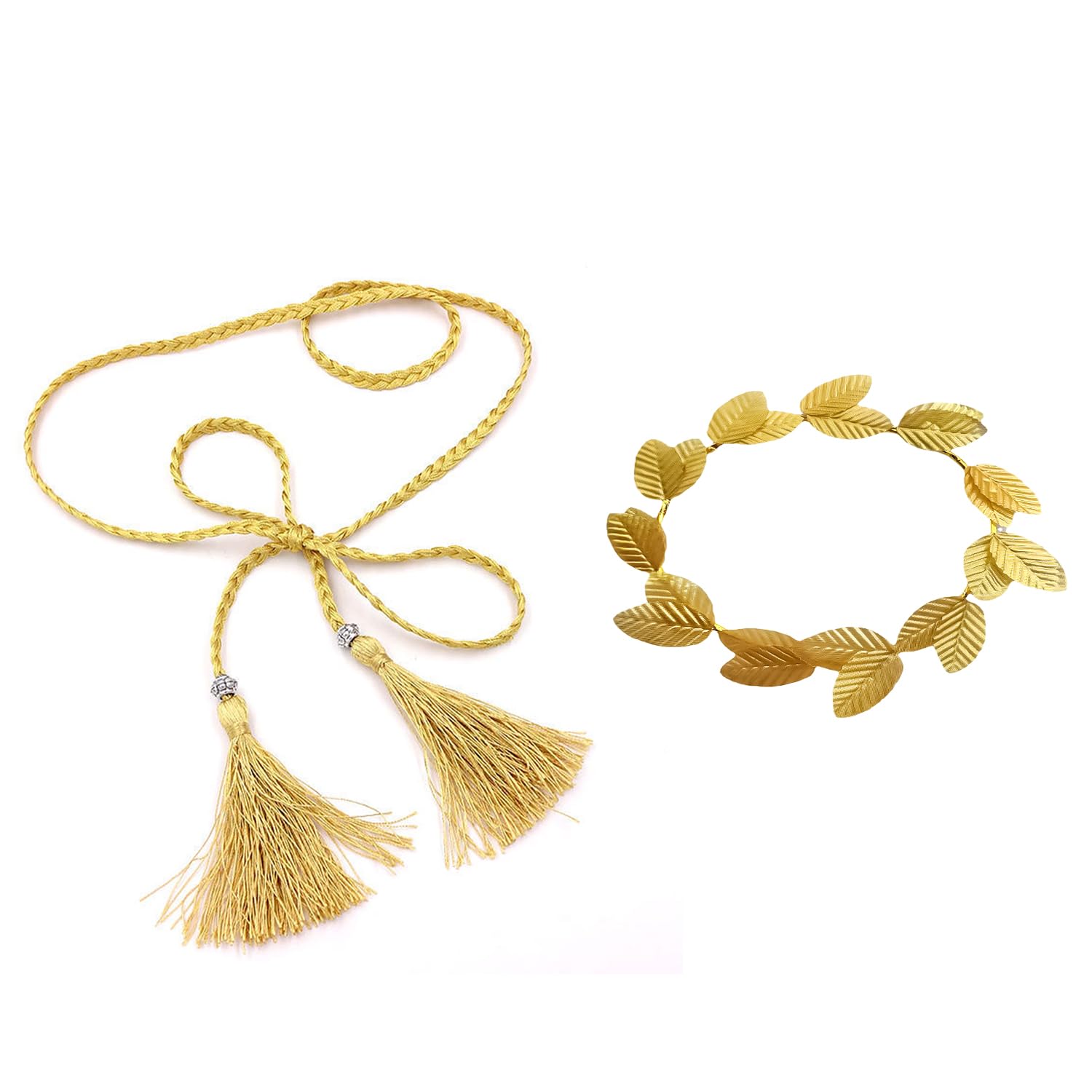 HAICN 2Pieces Leaf Headbands and Waist Chain Gold Party Robe Cosplay Jewelry Greek Goddess Costume Accessories for Adult Unisex Women Vintage Party
