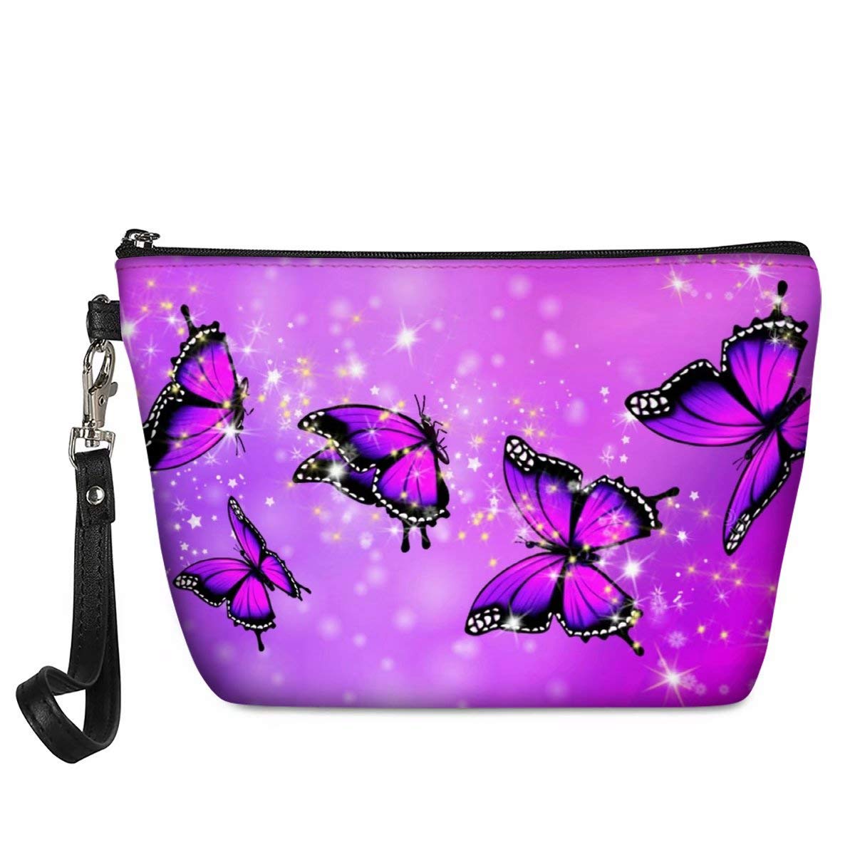 chaqlin Bling Purple Butterfly Printed Cosmetic Bag for Women Adorable Roomy Makeup Bags Travel Waterproof Toiletry Kit Case Accessories Organizer Pouch Gifts