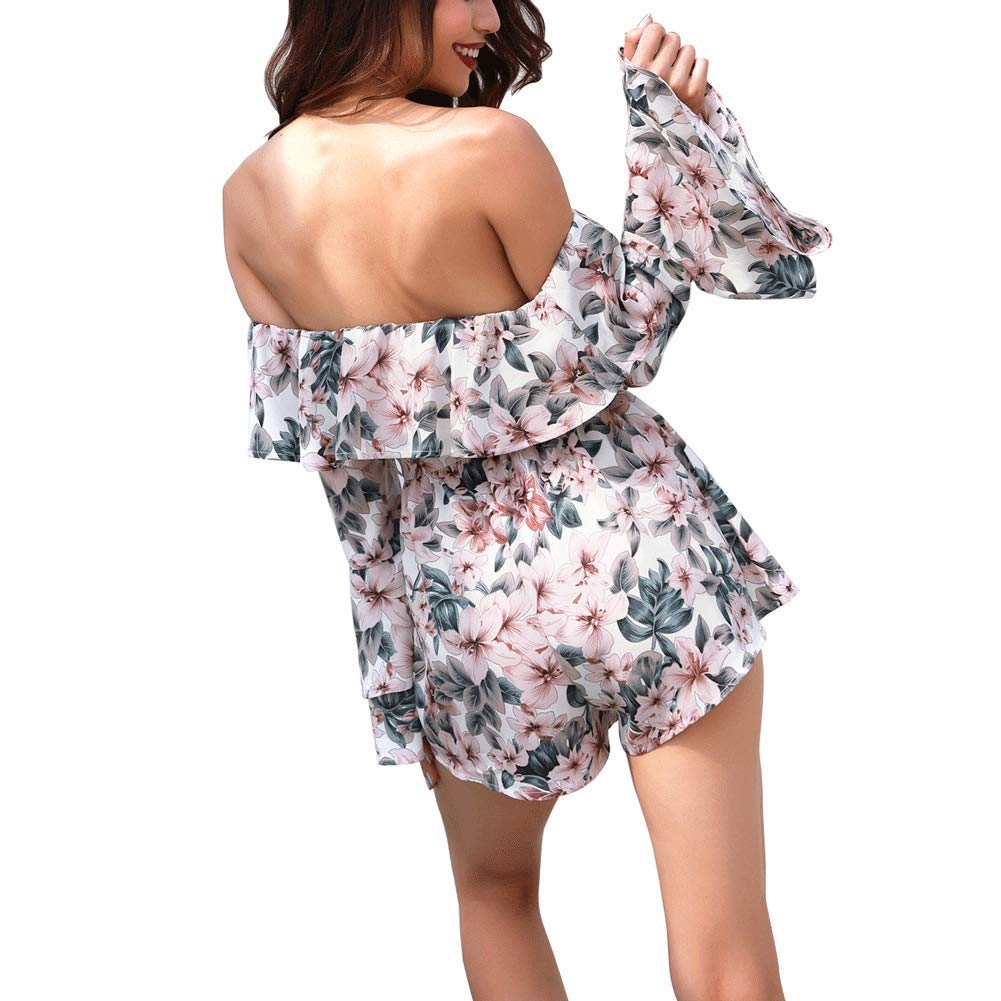 Ophestin Womens Floral Printed Rompers - Sexy Off Shoulder High-Waisted Summer Playsuits