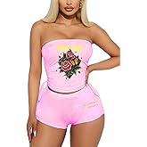 Glitrandi Two Piece Sets For Women Fashion Print Drawstring Tube Top With Shorts Summer Sexy Outfits 2025