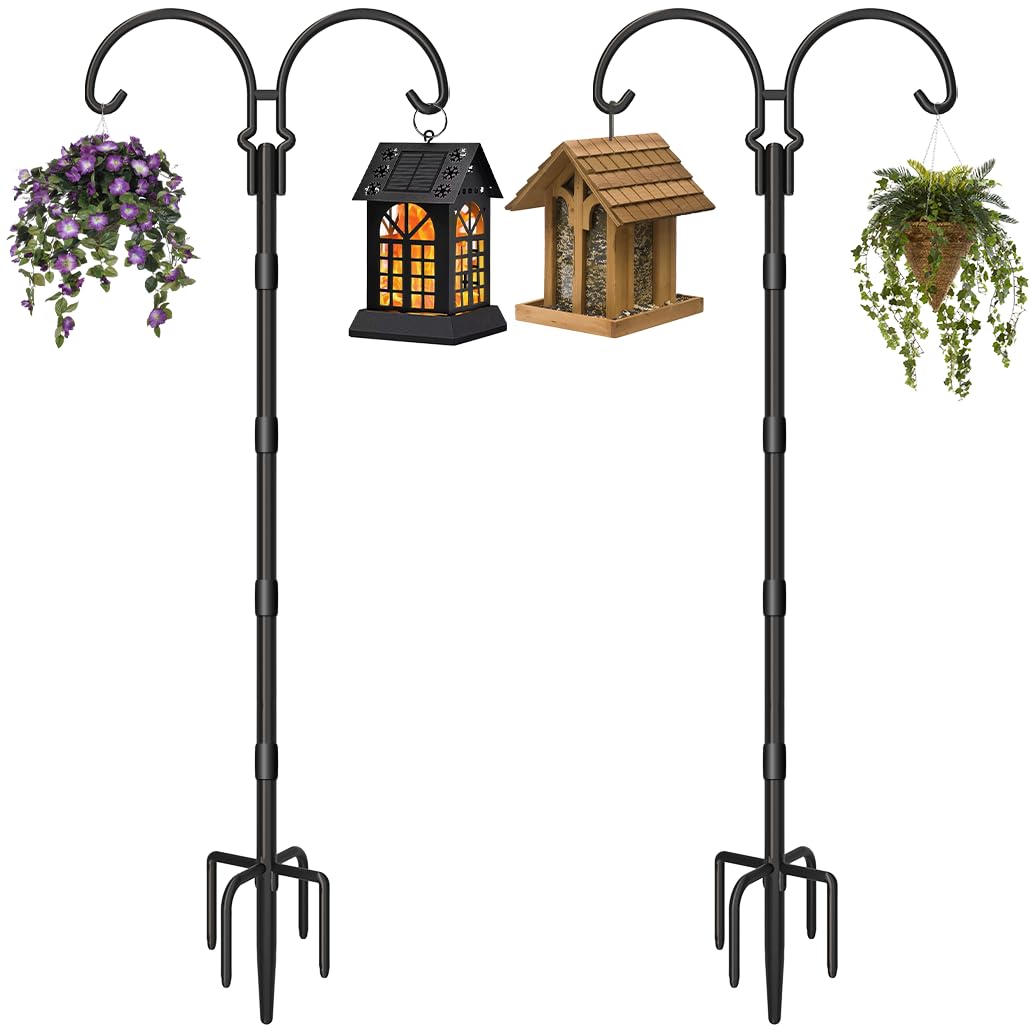 Photo 1 of AnBaiMei Adjustable Double Shepherds Hooks for Outdoor with Sleeve, 92 Inch Heavy Duty Bird Feeder Pole Stand with 5 Prong Base for Hanging Plant, Hummingbird Feeders, Solar Lantern, Wind Chime, 2 Pcs