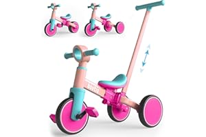 Bautia Kids Tricycle with Push Handle for Toddlers 1-4 Years Old Boys Girls Gift, 5 in 1 Baby Balance Bike for Toddlers 1-3 with Removable Pedals (No Parent Steering Version)