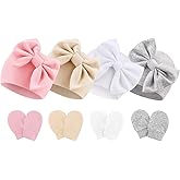 BQUBO Newborn Baby Hats Mittens Set Hospital Hat Beanie Infant Bow Hats Baby Gloves No Scratch Mittens for 0-6 Months