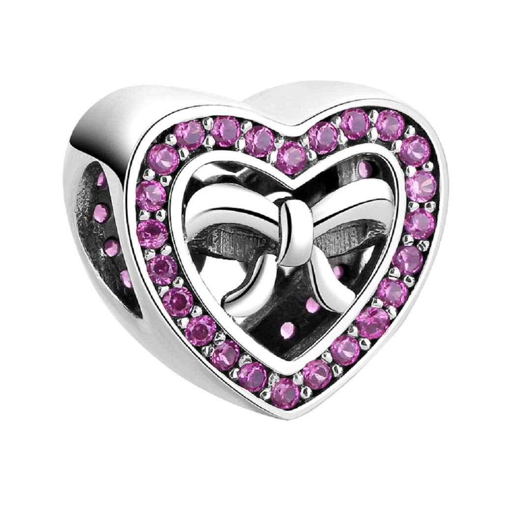 FeatherWish 925 Sterling Silver Princess Bow Love Heart Family Bead Charm Fits And Compatible With Pandora Bracelets Gift For Birthday Sister Daughter Friend Wife Mum
