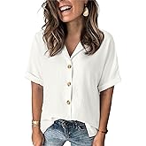 Dokotoo Women's Dressy Casual V Neck Short Sleeve Button Down Shirts Relaxed Work Business Loose Blouses Tops