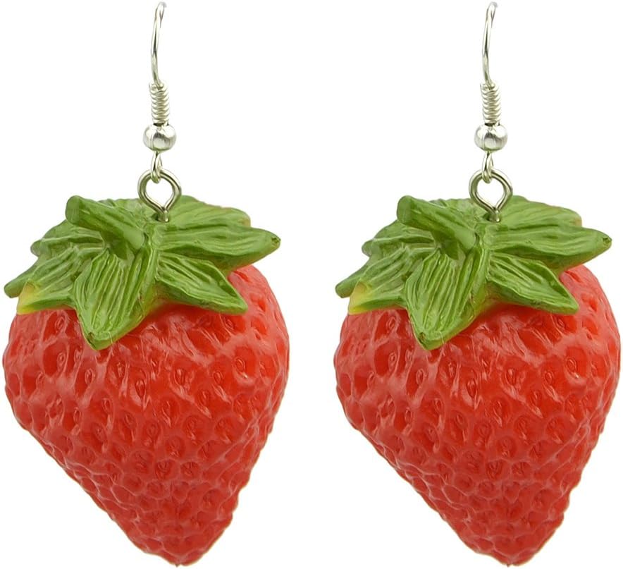 Fashion Women Style Cute Big Red Color Resin Strawberry Chadelier Drop Earrings With Jewelry Pouch