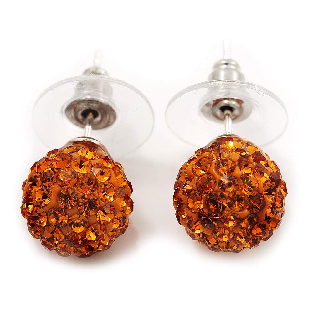Orange Diamante Ball Stud Earrings In Silver Plated Finish - 9mm Diameter