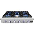 36 Inch Gas Cooktop 6 Burners, GASLAND Chef Pro RT3606 Professional Natural Gas Rangetop Slide-in with Blue Indicator Lights, Re-ignition, 120V Plug-in