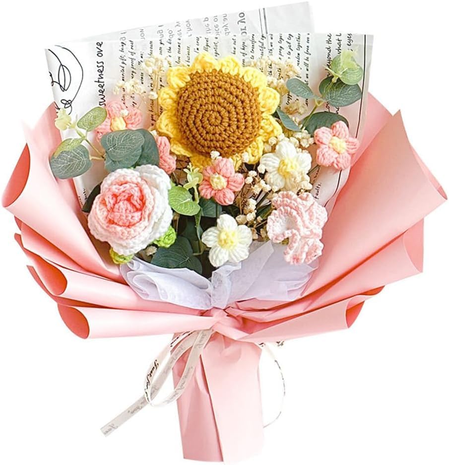 TOTOOSE Completed Crochet Flower Bouquet: Artificial Flower Handmade Knitted Sunflower Bouquet for Festival Wedding Anniversary Thanksgiving (Pink)