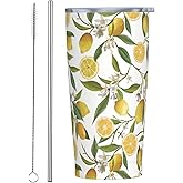 CHASOEA Lemon Tumbler 20oz Green Leaves Stainless Steel Insulated Tumblers with Lid and Straw Travel Coffee Mug Tea Wine Cups Water Bottle Sport Gifts for Women