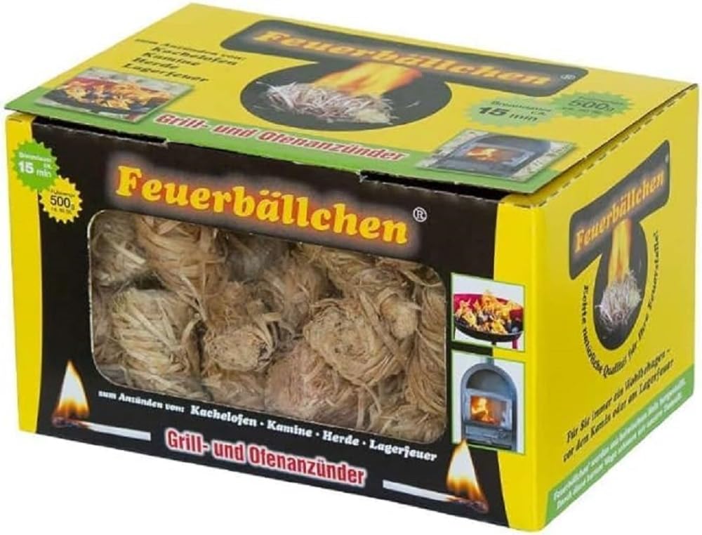 Feuerbällchen - The original - for lighting tiled stoves, fireplaces, stoves, barbecues, campfires - made from pure natural products - resistant to moisture - made in Germany - 0.5 kg box (approximately 40 pieces)