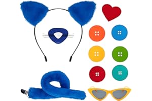 Halloween Button Accessory Set Blue Cat Ears Headband Tail Cat Costume Nose Button Heart Glasses Adult Party Dress Up