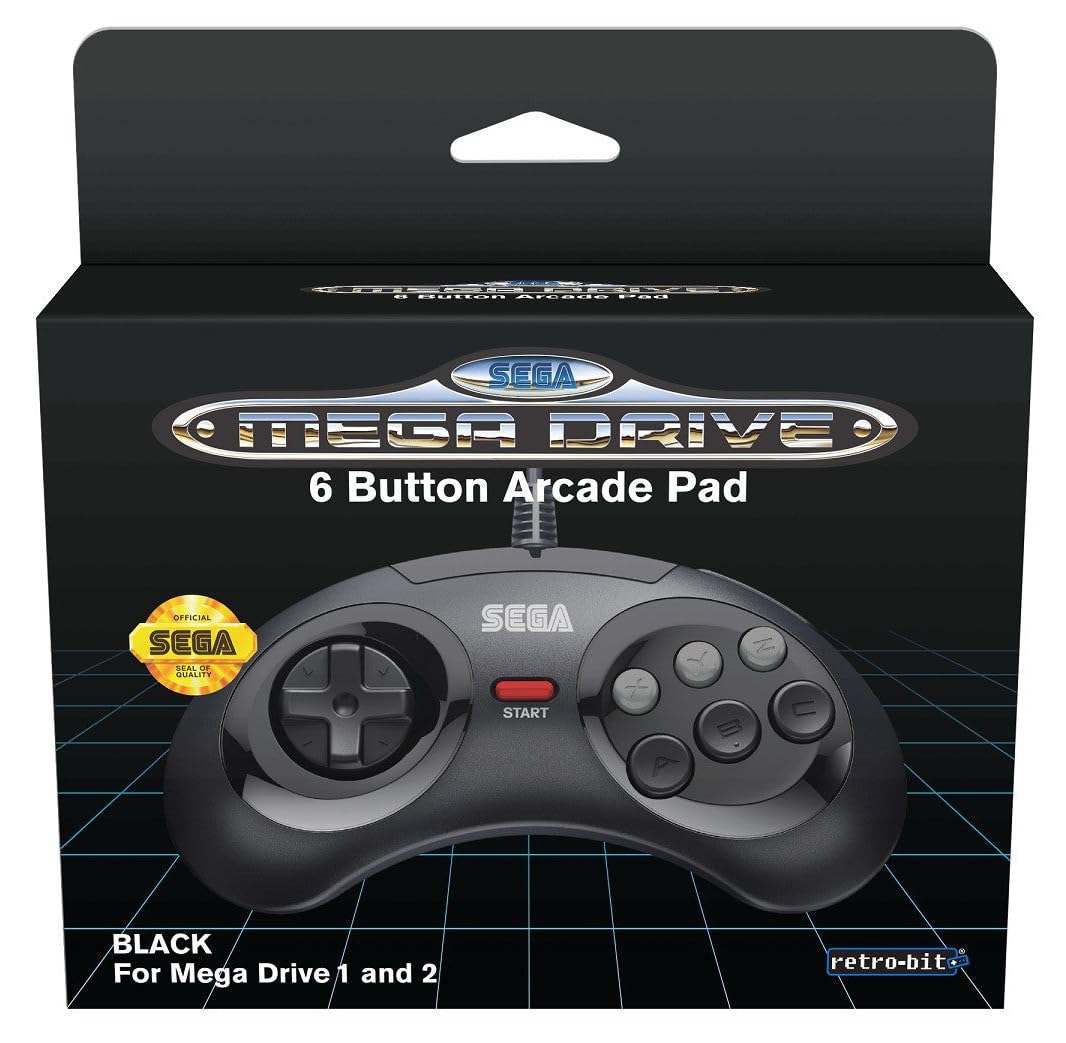 Retro-Bit Official SEGA Mega Drive Controller 6-Button Arcade Pad for Sega Mega Drive/Genesis - Original Port - Black